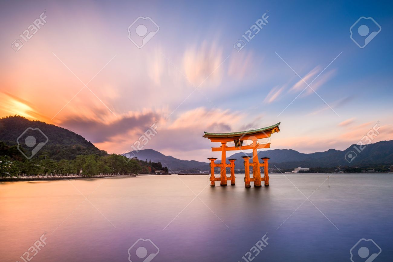 Miyajima, Hiroshima, Japan at the great gate of Itsukushima shrine. (gate sign reads Itsukushima Shrine) - 50218034 Miyajima, Hiroshima, Japan at the great gate of Itsukushima shrine. (gate sign reads Itsukushima Shrine) - 50218034