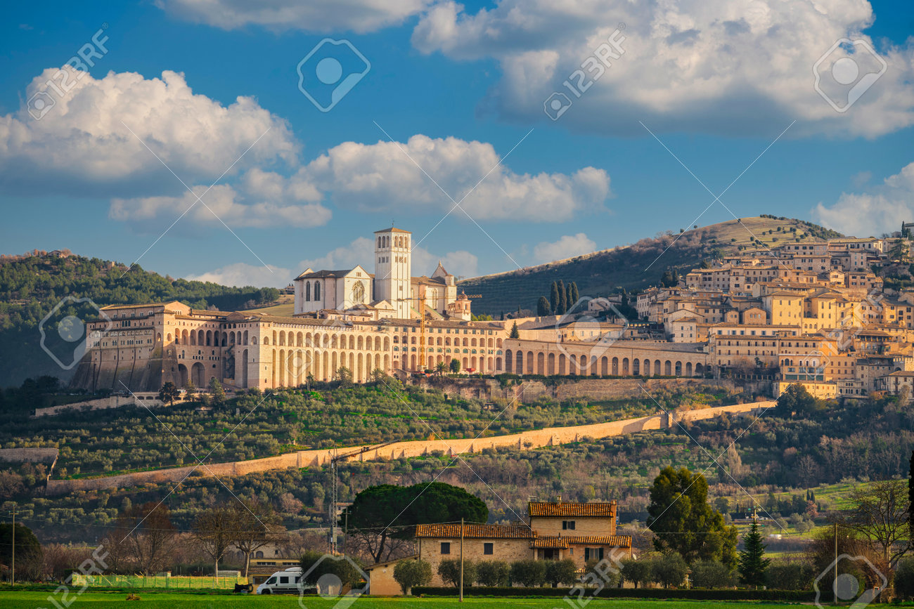 Assisi, Italy Town Skyline With The Basilica Of Saint Francis Of
