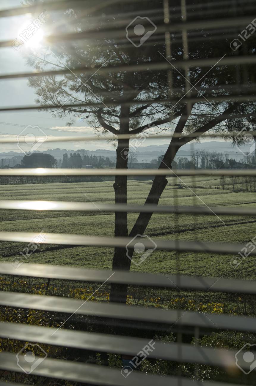 italian countryside seen through the persian blinds stock photo