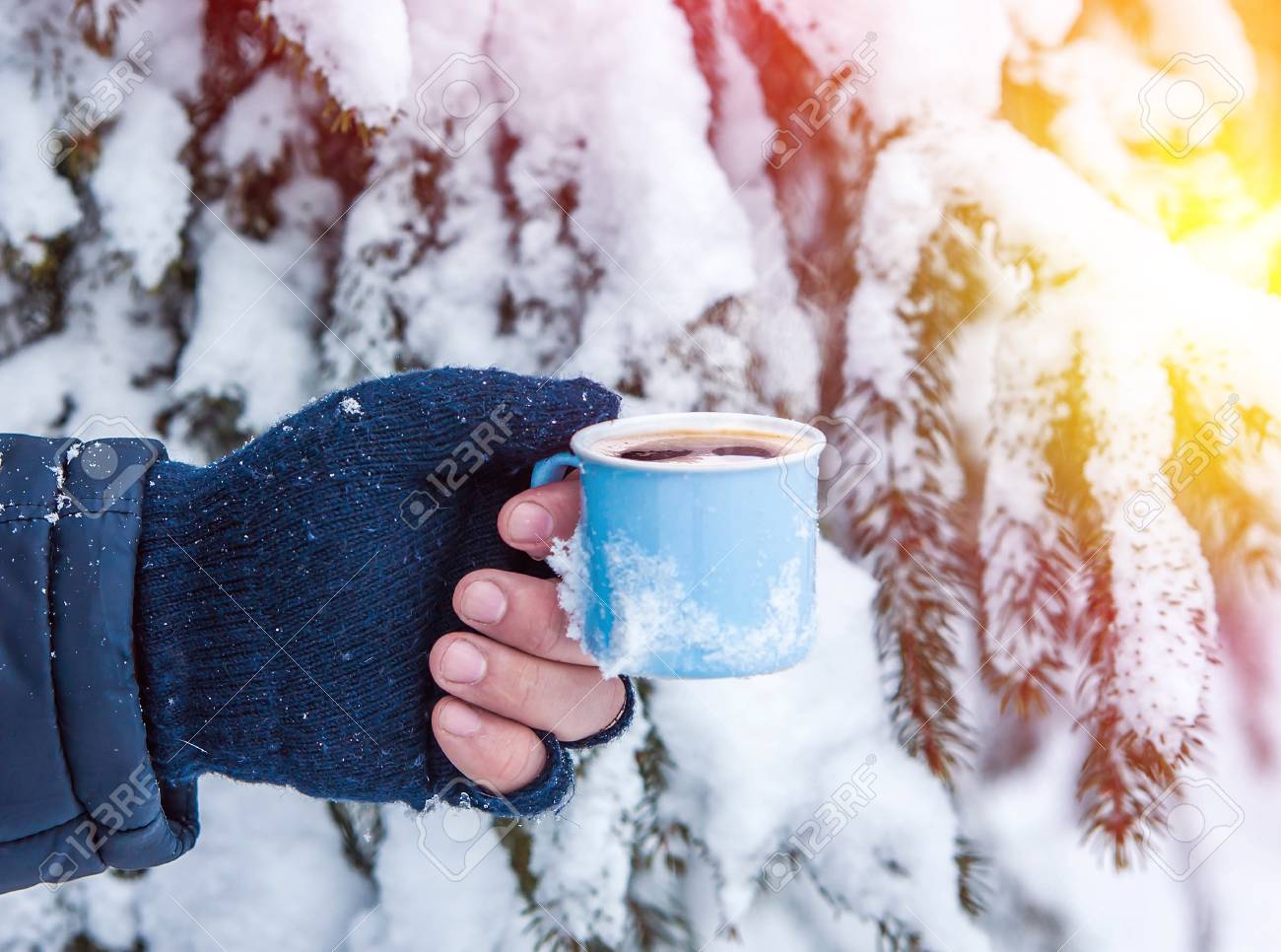 Tazas De Café Caliente En La Nieve. Paisaje Navideño . Fotos, retratos,  imágenes y fotografía de archivo libres de derecho. Image 86585547