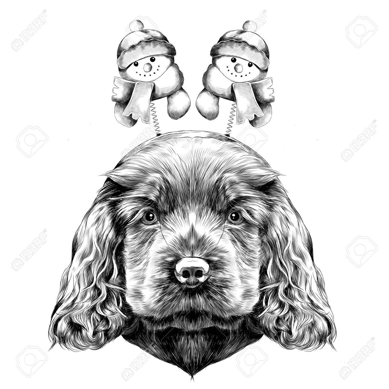 Chien De Race Cocker Spaniel Chiot Avec Bandeau De Noël Sur Sa Tête Avec Des Cornes Et Des Bonhommes De Neige Croquis Vecteur Graphique Dessin Noir