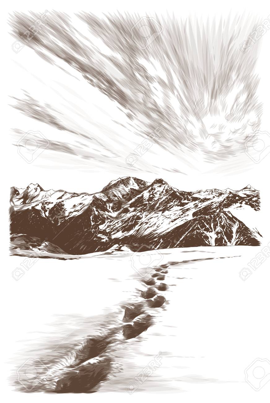 Landscape Postcard Depicting Snowy Mountain Peaks At Sunset Royalty Free Cliparts Vectors And Stock Illustration Image 115010120 123rf