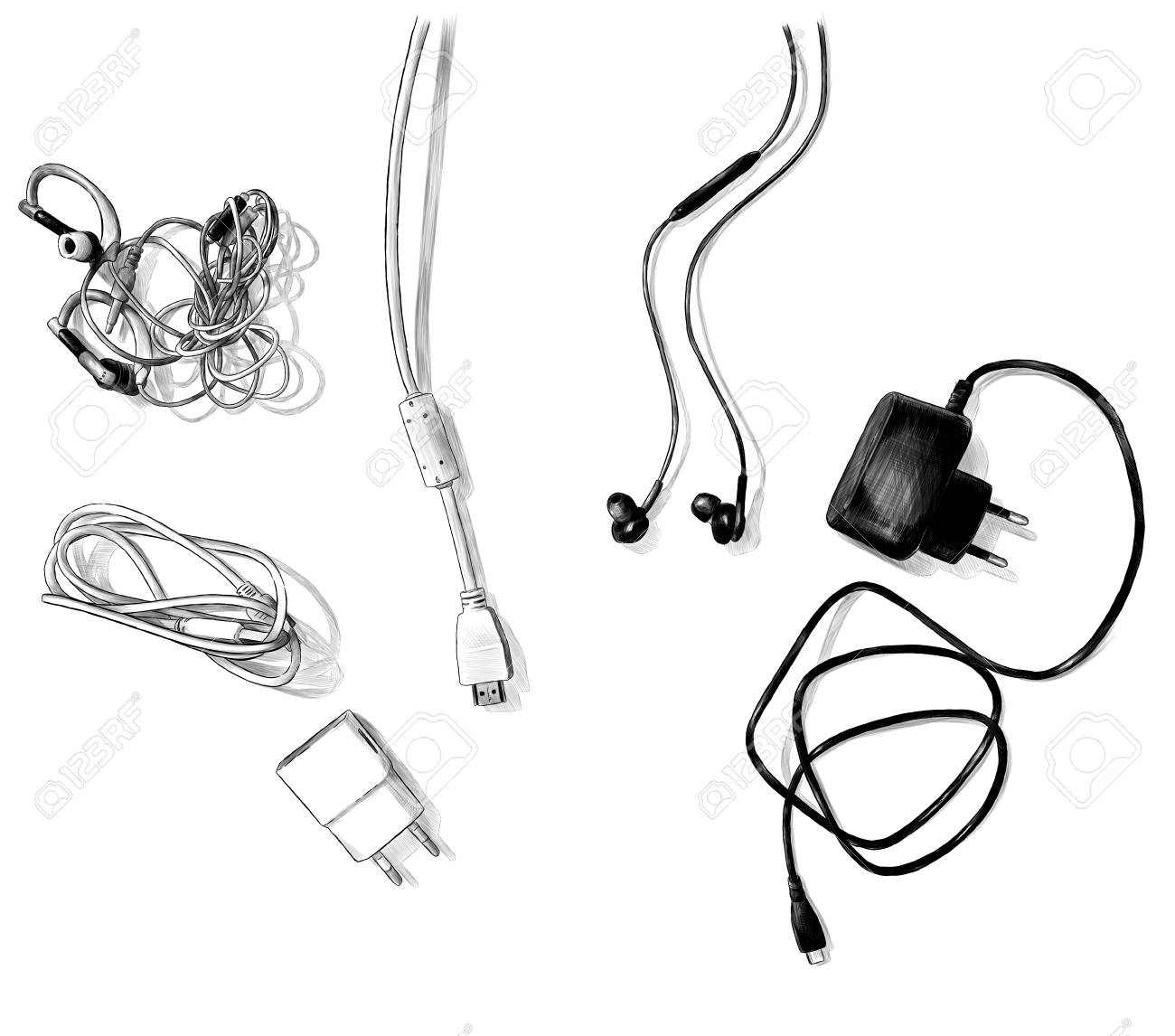 mobile and computer accessories, wires and chargers lie on the table view, sketch vector graphics monochrome illustration on white background - 124935733 mobile and computer accessories, wires and chargers lie on the table view, sketch vector graphics monochrome illustration on white background - 124935733