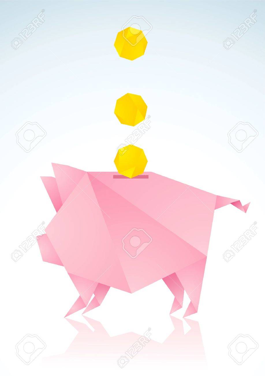ピンクの紙とコインから折り紙豚のイラスト素材・ベクター Image 9499517