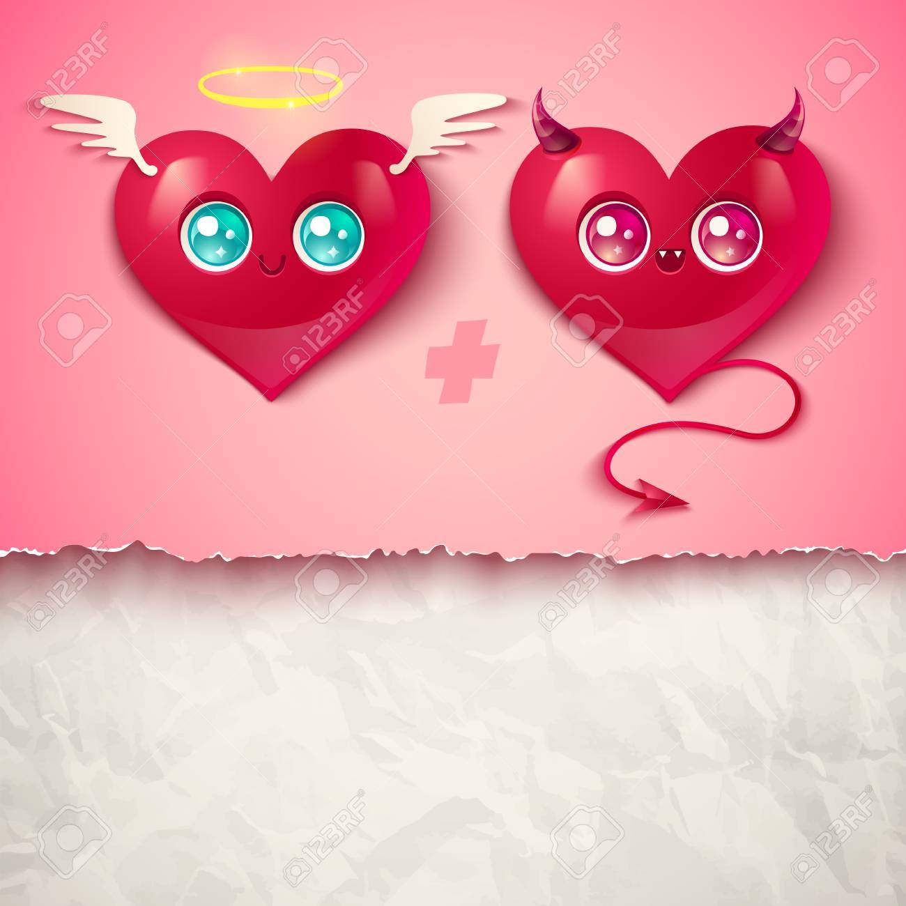 白い紙の上の天使と悪魔の心 かわいいスタイルでバレンタインデーのための 2 つの心 のイラスト素材 ベクタ Image