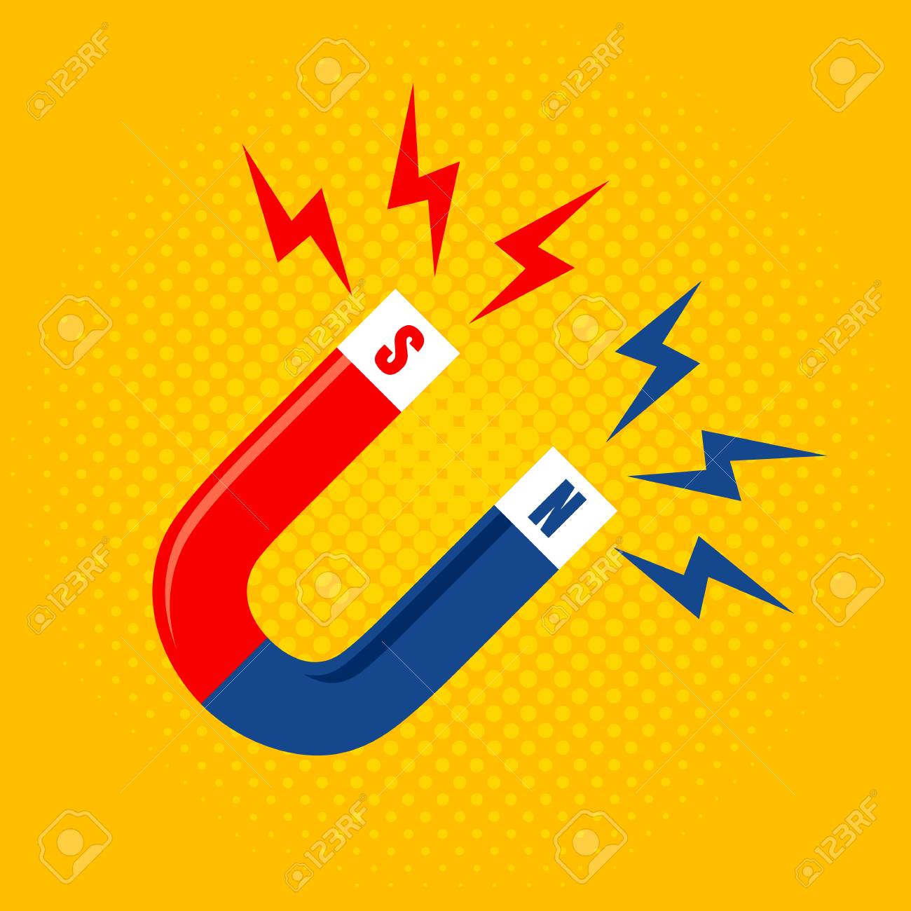 磁石の磁化のベクトル イラスト 黄色のハーフトーンの背景に磁石 のイラスト素材 ベクタ Image