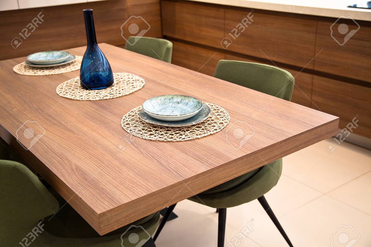 Modern Kitchen Interior Area Wooden Walnut Dining Table And Stock Photo Picture And Royalty Free Image Image 135822621