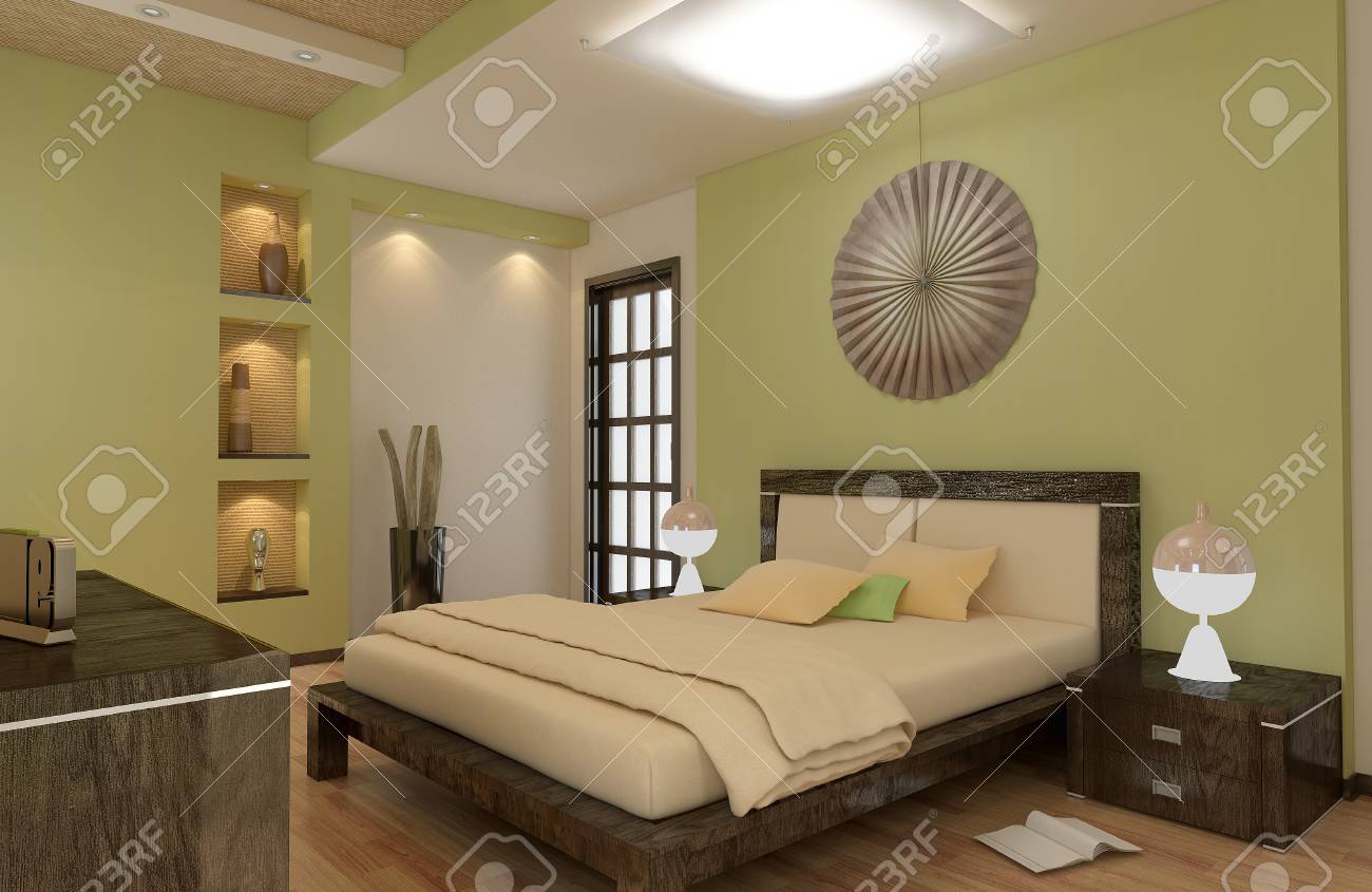 Modern lägenhet sovrum 3d rendering i orientalisk stil royalty ...
