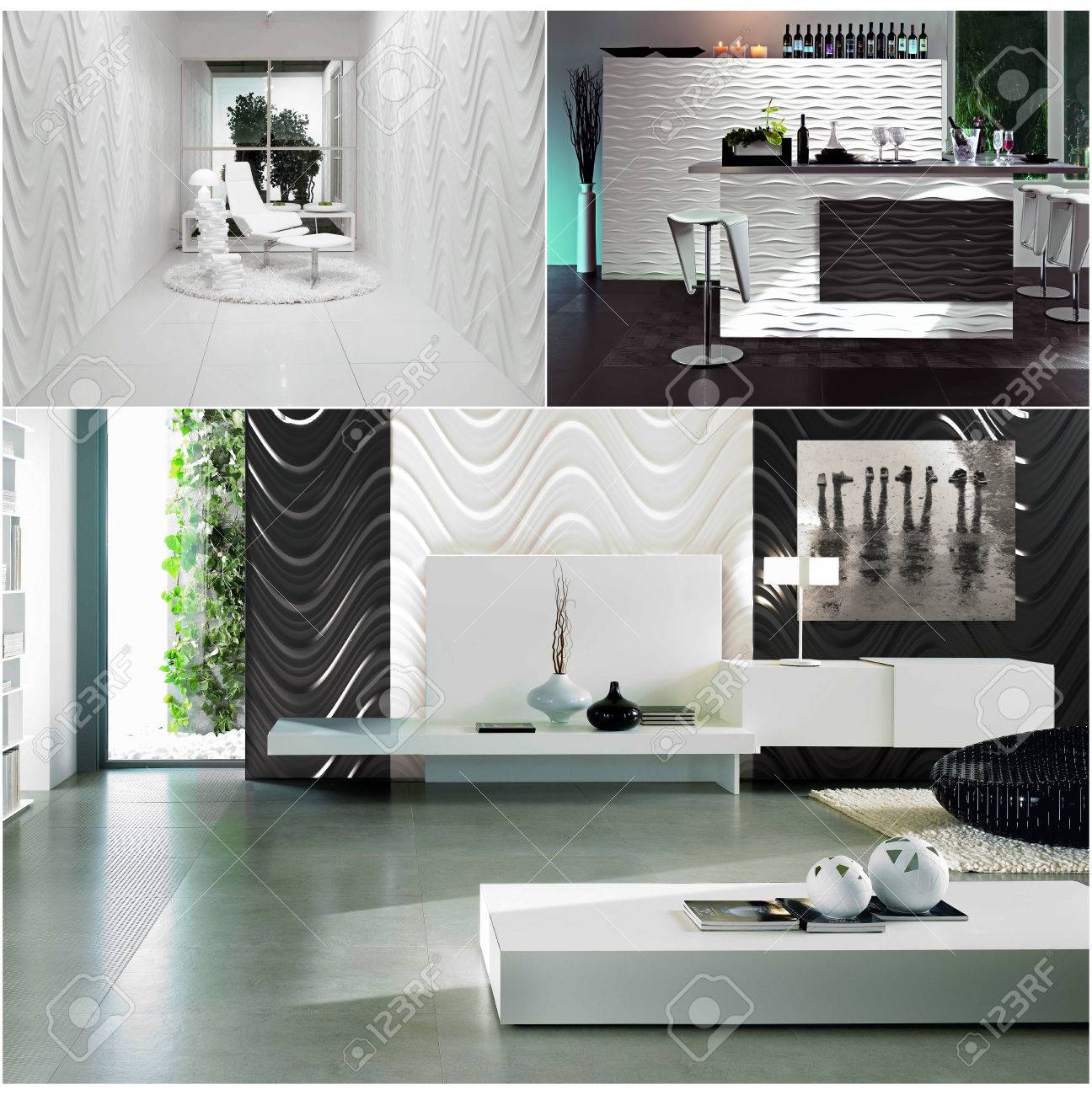 3D-Rendering-Collage Von Drei Zeitgenössischen Monochrome ... 3D-Rendering-Collage Von Drei Zeitgenössischen Monochrome ...