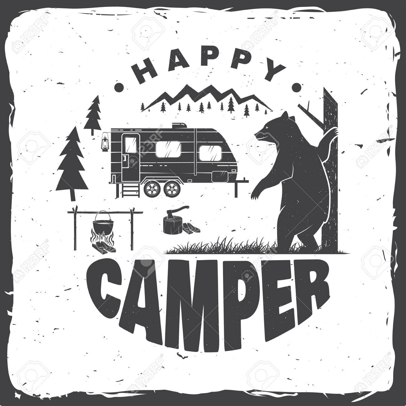 Happy camper. Vector illustration. Concept for shirt or logo, print, stamp or tee. - 111206695 Happy camper. Vector illustration. Concept for shirt or logo, print, stamp or tee. - 111206695