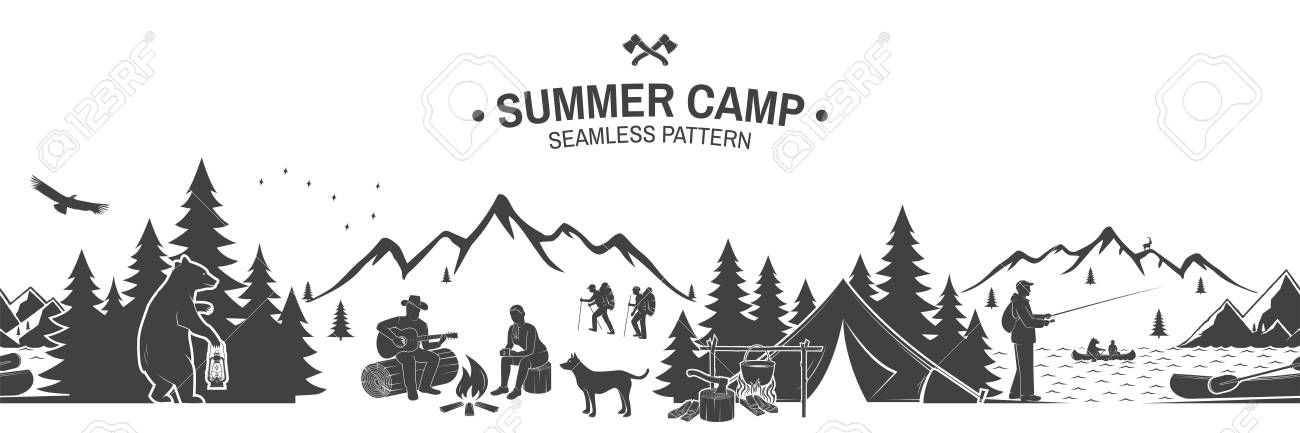 Summer Camp Seamless Pattern Vector Illustration Outdoor Adventure Background For Wallpaper Or Wrapper Seamless Scene With Mountains Bear Dog Girl Man With Guitar Sitting Around Campfire Royalty Free Svg Cliparts Vectors And