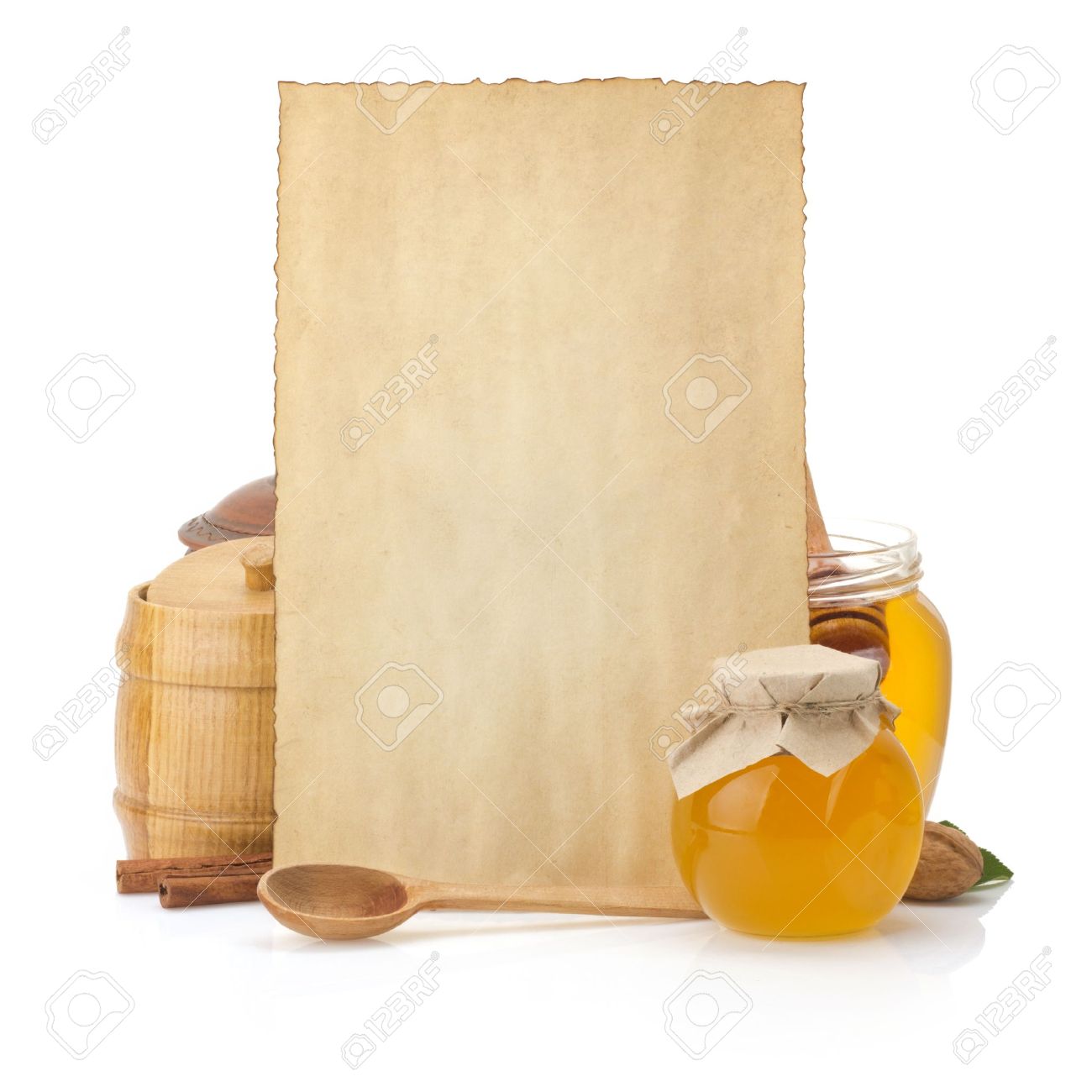 cooking recipes background and jar full of honey on white - 19575908 cooking recipes background and jar full of honey on white - 19575908