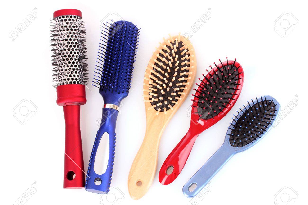 Different Types Of Hairbrushes Isolated On White Stock Photo