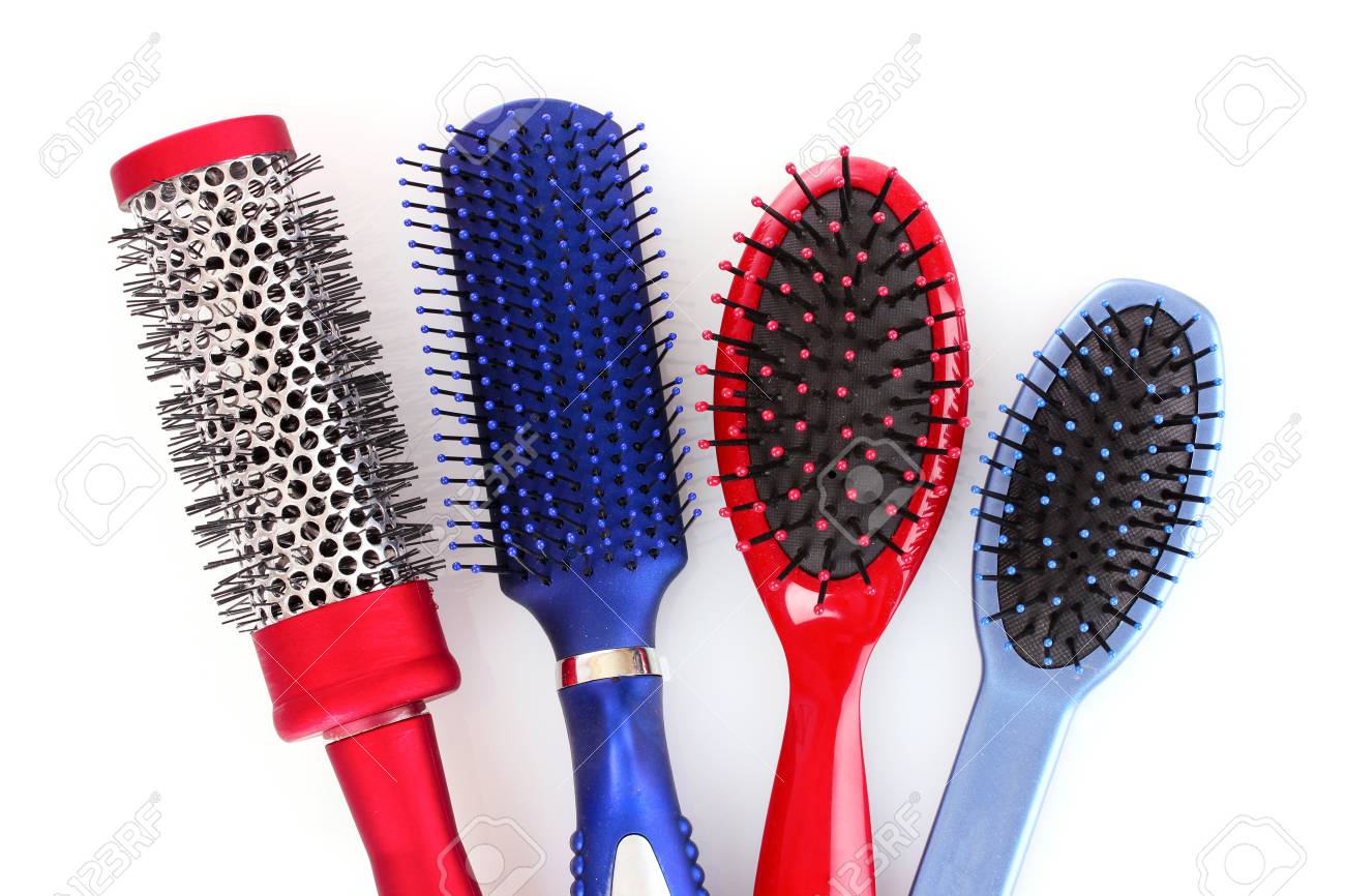 Different Types Of Hairbrushes Isolated On White Stock Photo