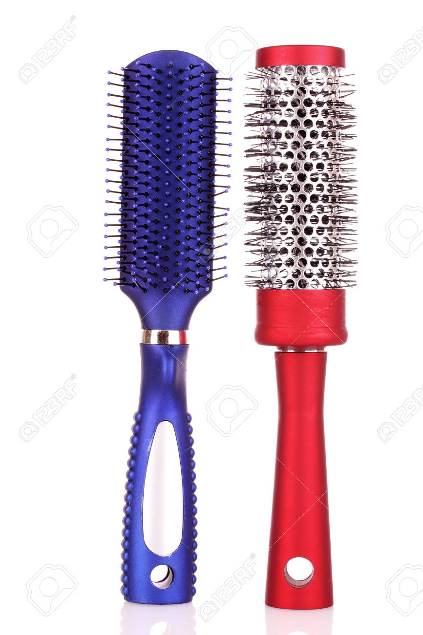 Different Types Of Hairbrushes Isolated On White Stock Photo