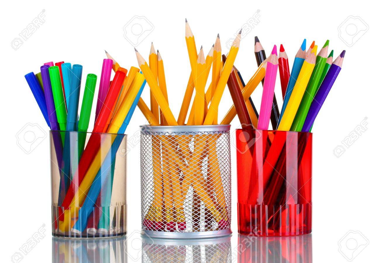 bright markers and crayons in holders isolated on white stock photo