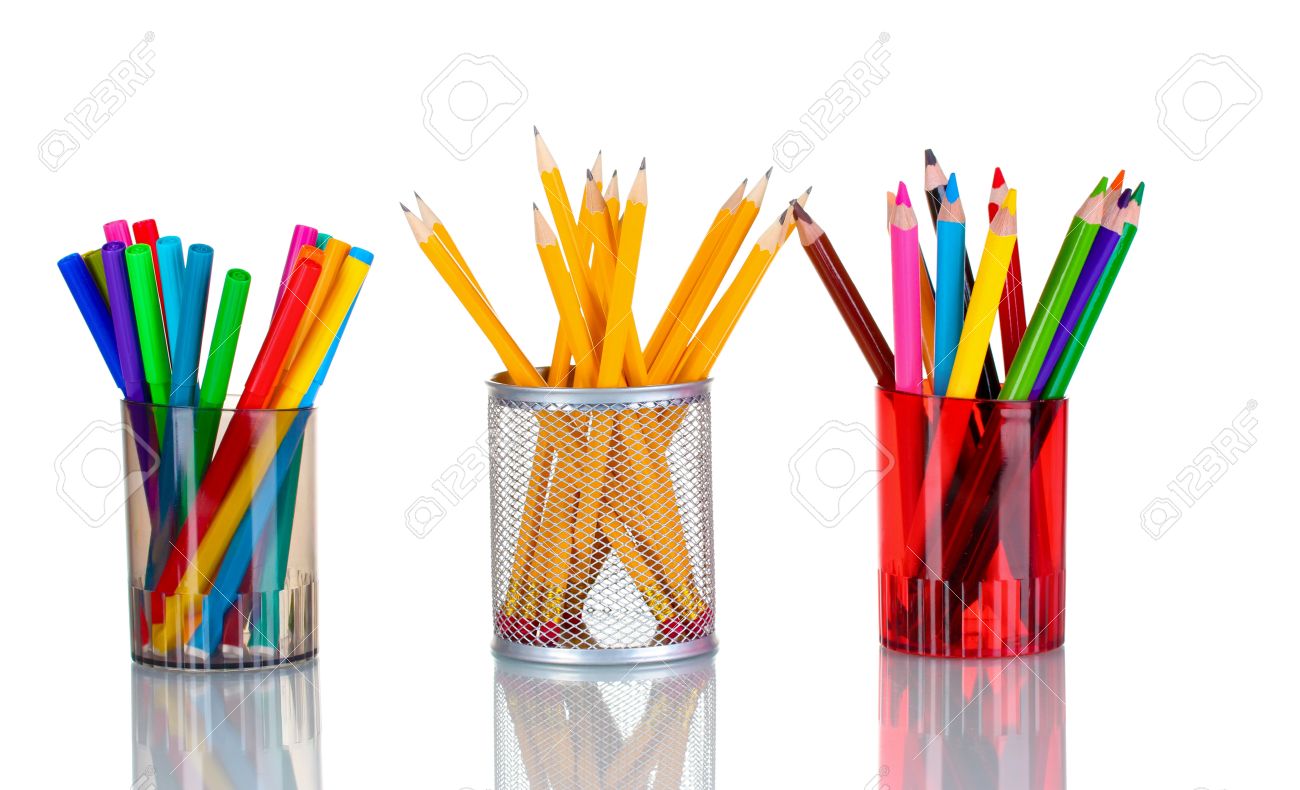bright markers and crayons in holders isolated on white stock photo
