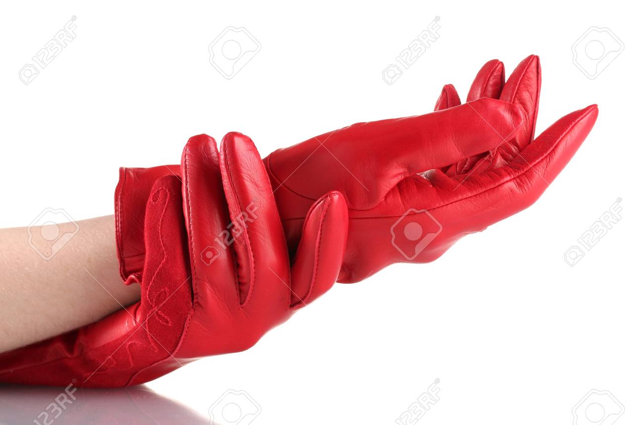 women s hands in red leather gloves isolated on white stock photo