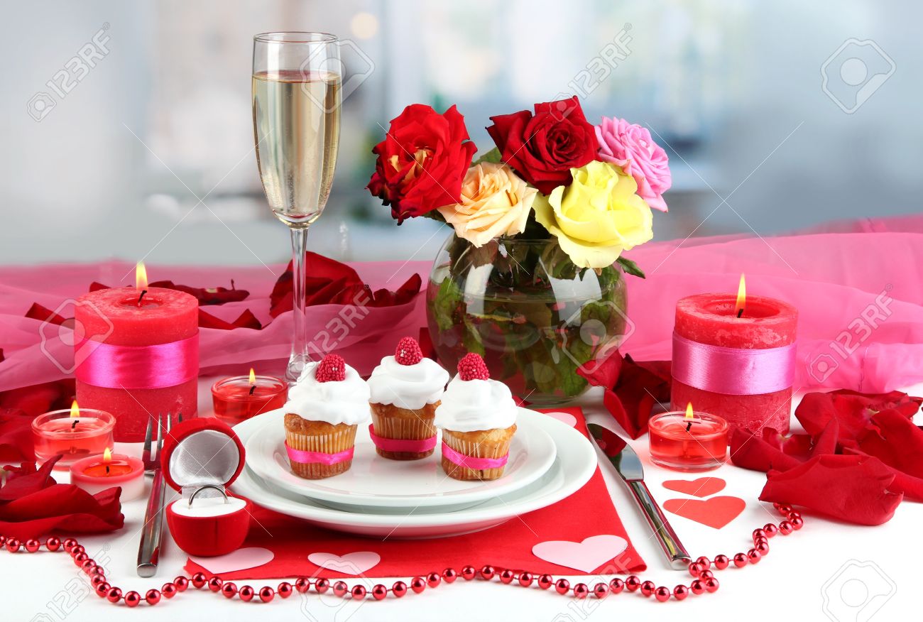 Table Setting In Honor Of Valentine\'s Day On Room Background Stock ... Table Setting In Honor Of Valentine\'s Day On Room Background Stock ...