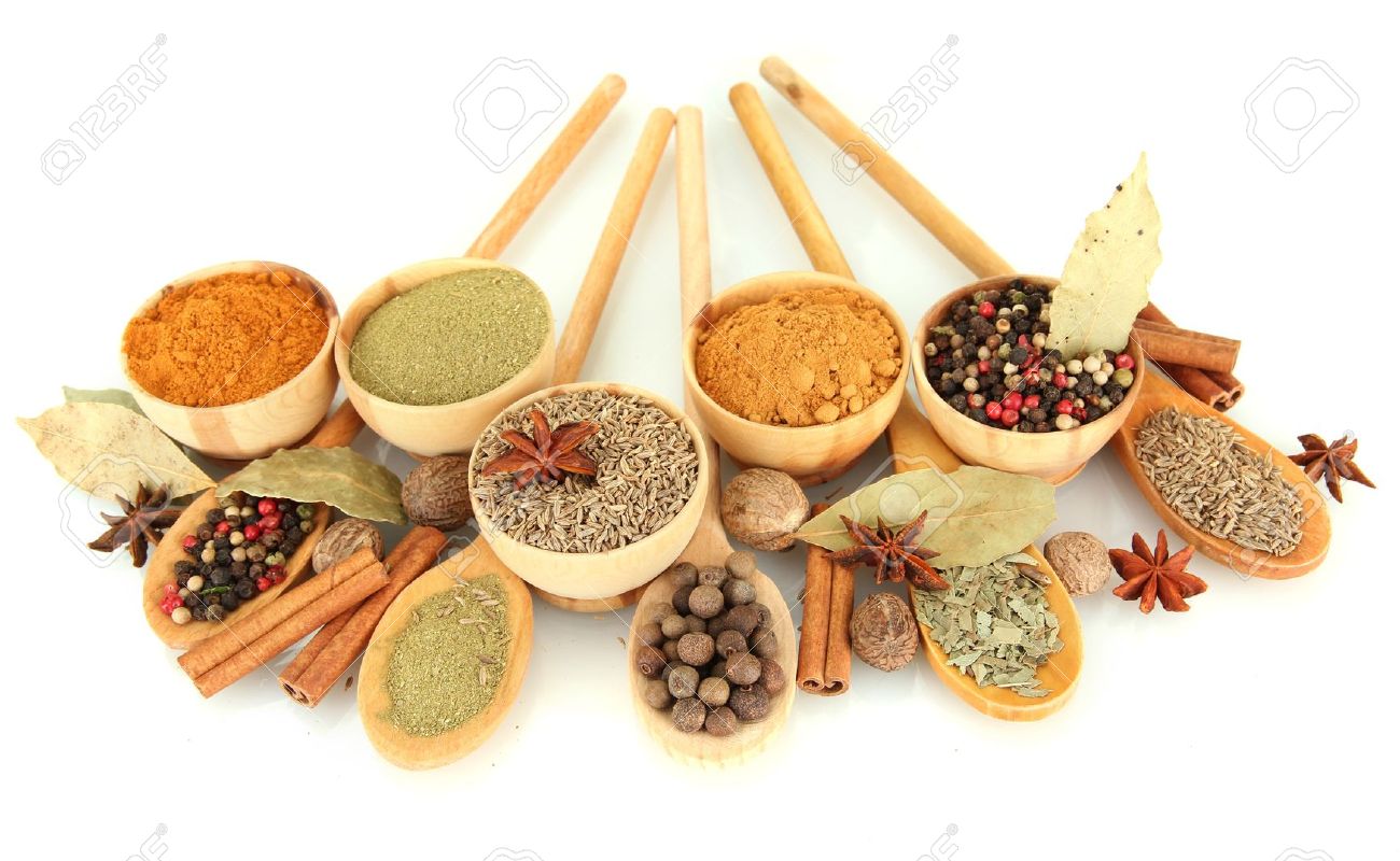 wooden bowls and spoons with spices isolated on white - 16491571 wooden bowls and spoons with spices isolated on white - 16491571