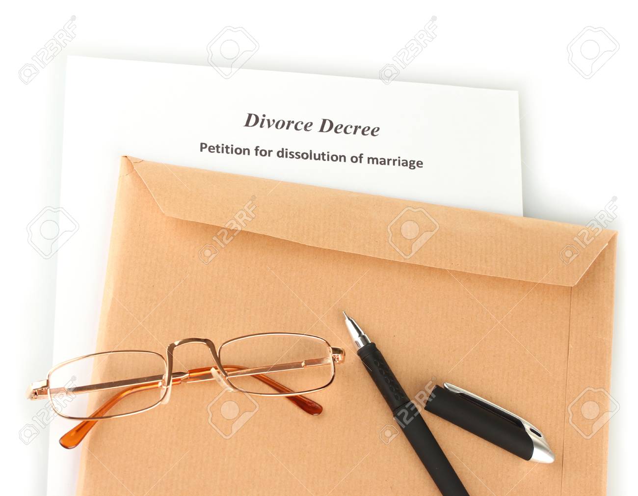 Divorce envelope white decree on background and