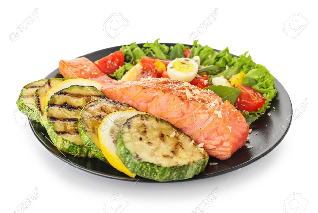 Plate with tasty salmon and fresh salad on white background - 115052812 Plate with tasty salmon and fresh salad on white background - 115052812