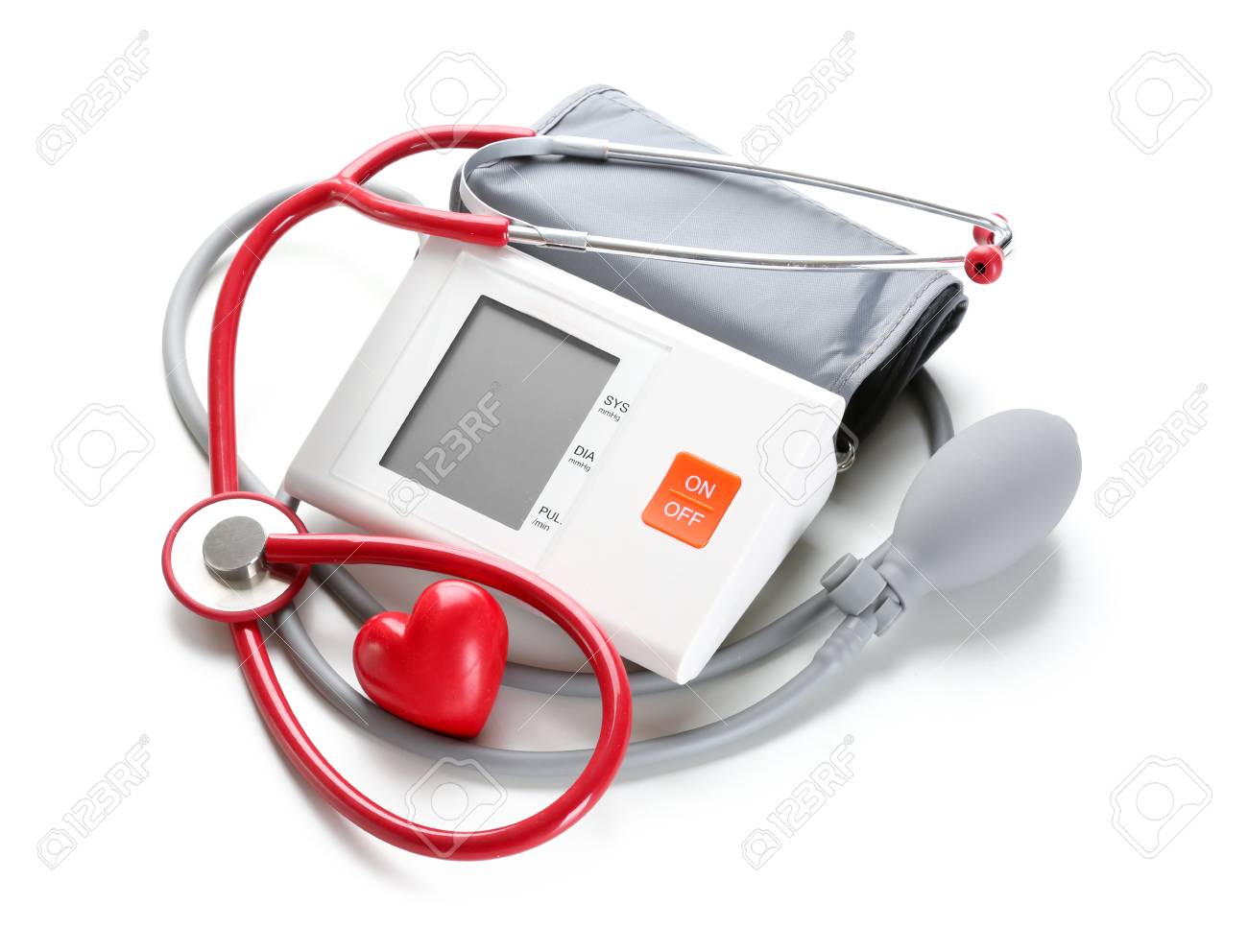 Sphygmomanometer with red heart and stethoscope on white background - 115296594 Sphygmomanometer with red heart and stethoscope on white background - 115296594