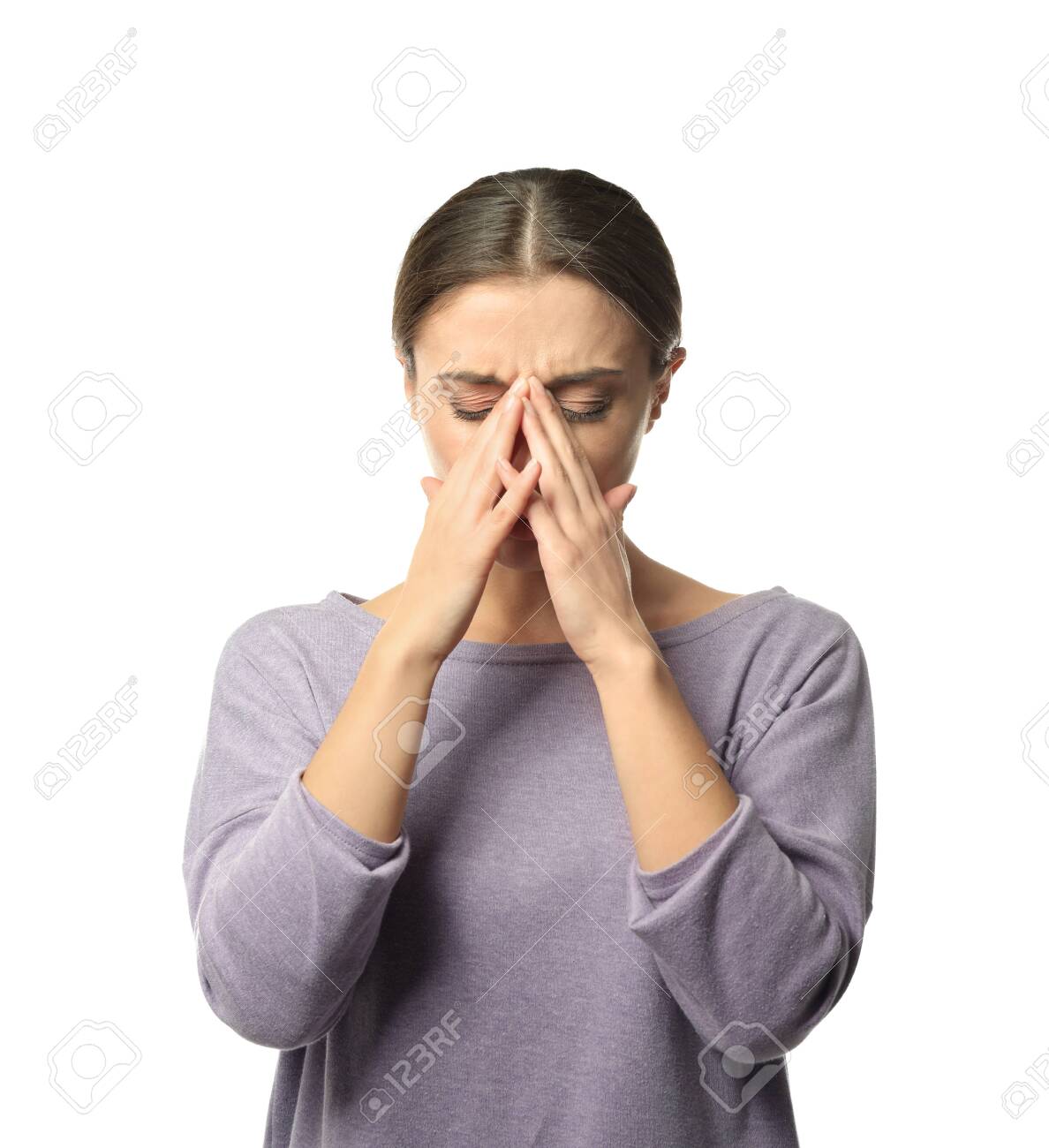 Woman suffering from headache on white background - 115328004 Woman suffering from headache on white background - 115328004