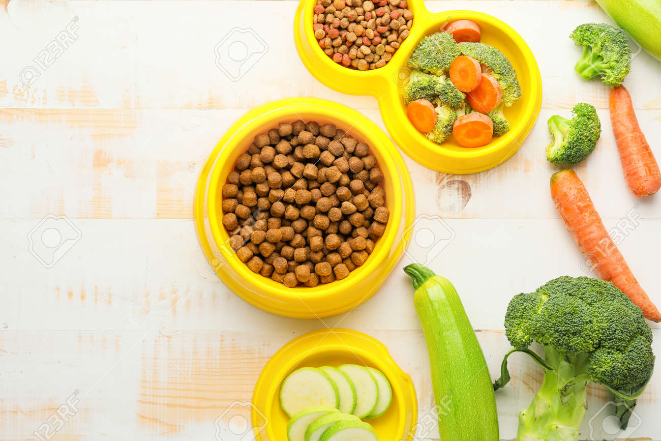 Composition with dry pet food and natural products on wooden background - 166030827 Composition with dry pet food and natural products on wooden background - 166030827