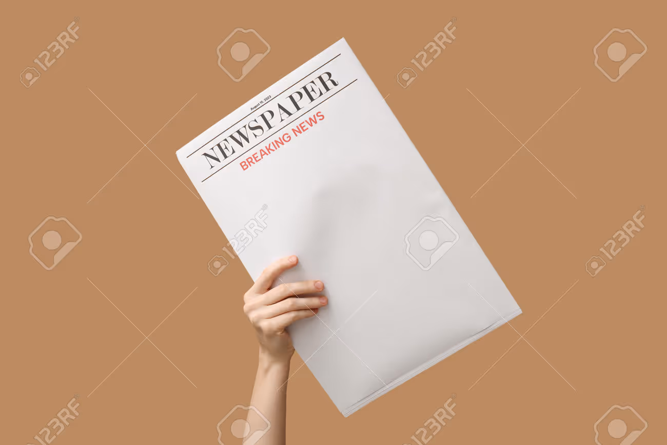Woman with blank newspaper on brown background - 223618844 Woman with blank newspaper on brown background - 223618844