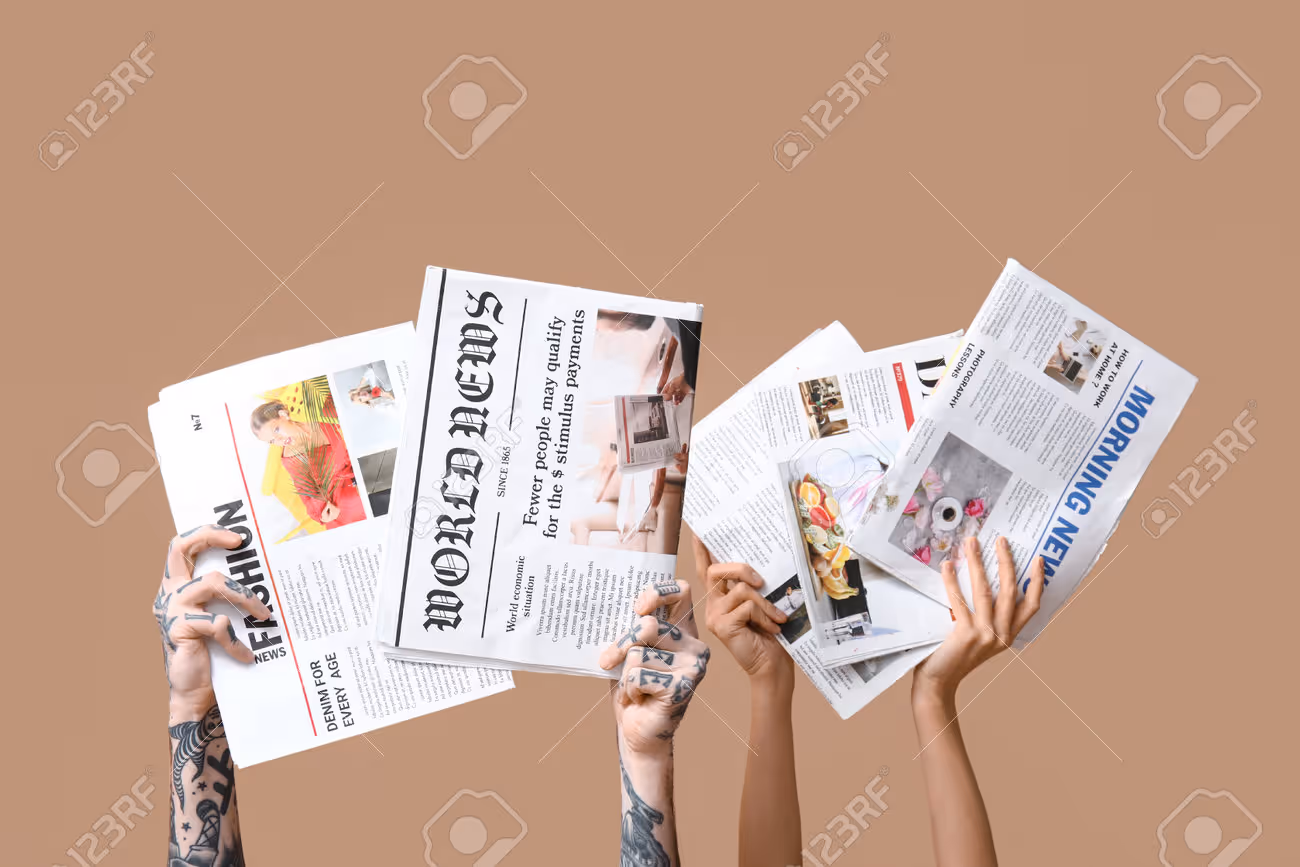 Female and male hands with newspapers on beige background - 223686420 Female and male hands with newspapers on beige background - 223686420