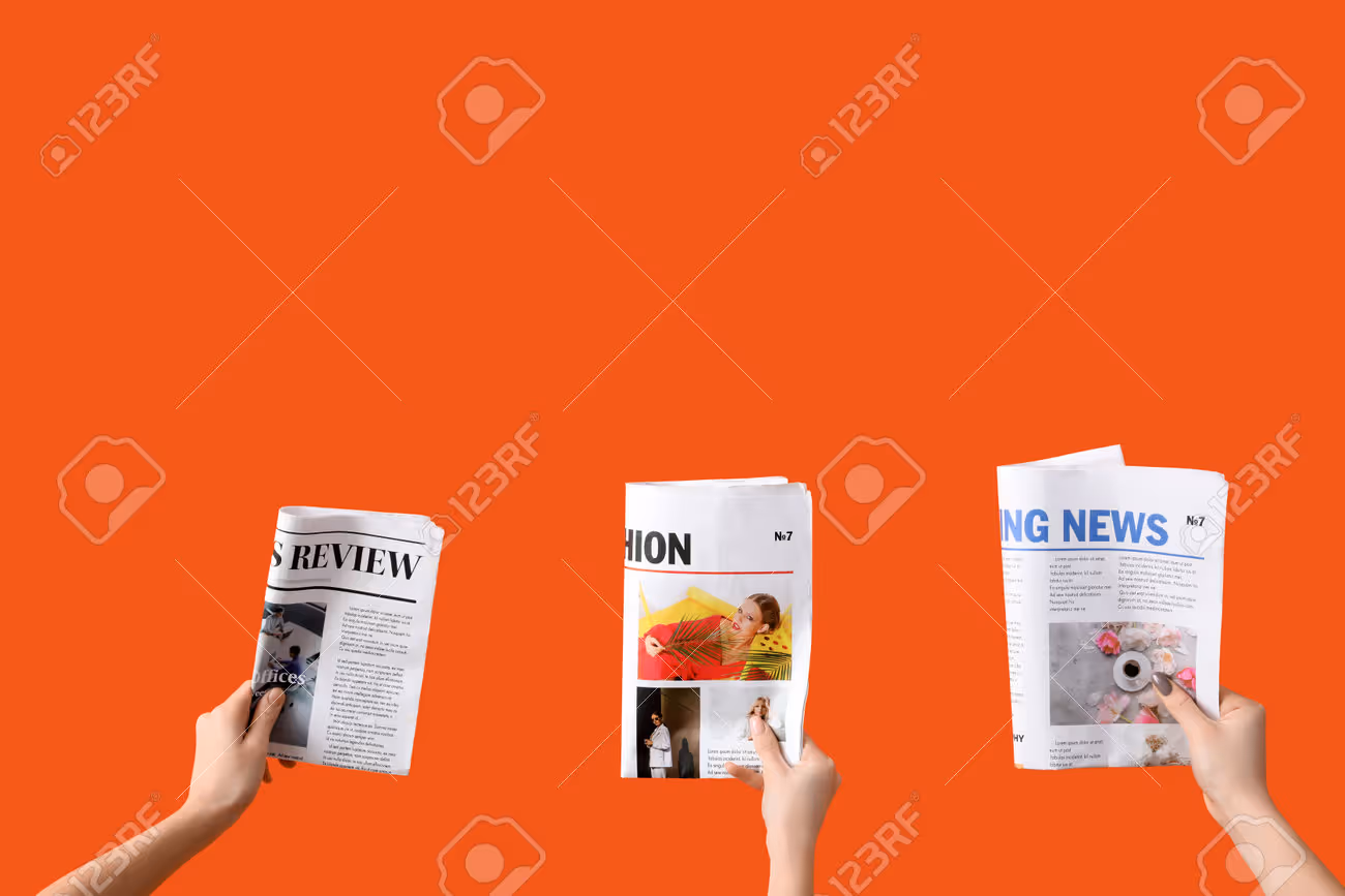 Women with newspapers on orange background - 226080525 Women with newspapers on orange background - 226080525