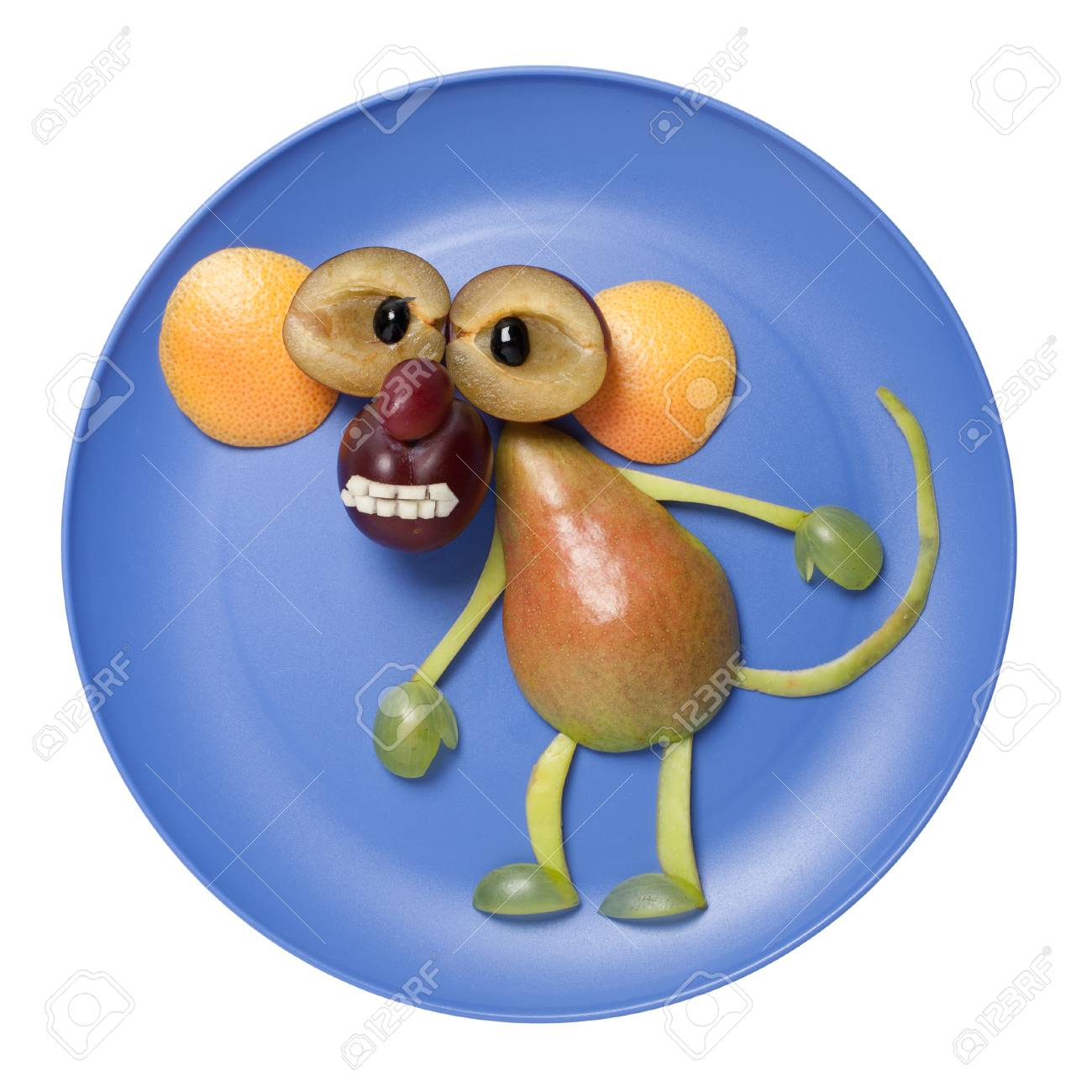 ブルー プレートは 面白いフルーツ モンキー の写真素材 画像素材 Image