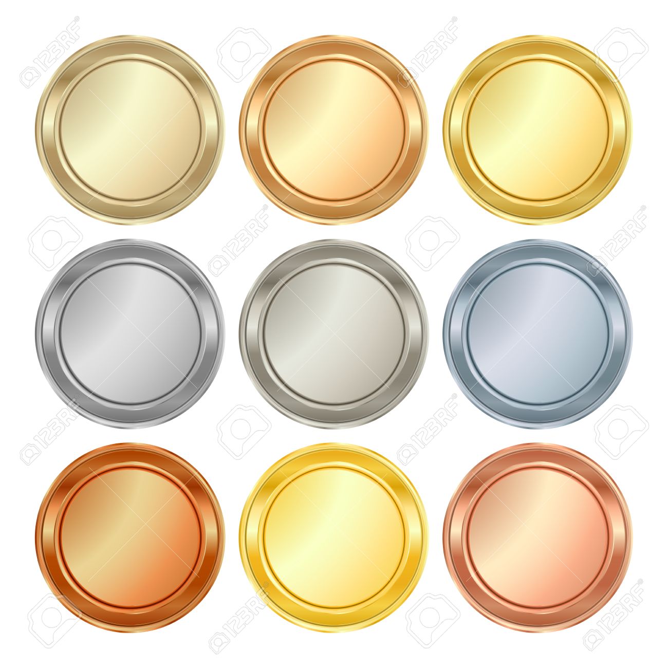 金プラチナ銀銅銅黄銅から印刷メダル バッジ コイン メダル タグ ラベルとして使用できる円形の空のテンプレートをベクトルします のイラスト素材 ベクタ Image
