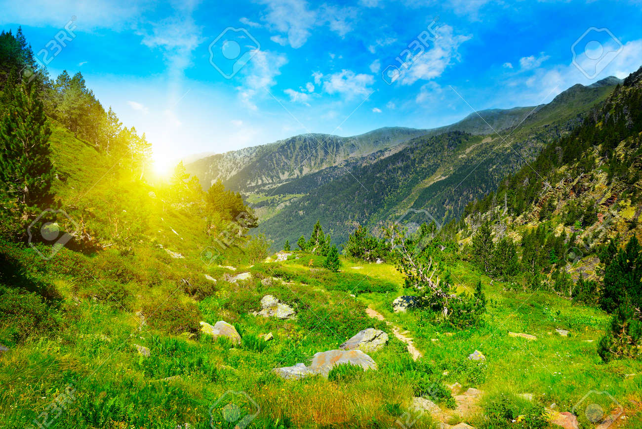 Beautiful sunrise in high mountains and blue sky, Andorra, Pyrenees - 60386202 Beautiful sunrise in high mountains and blue sky, Andorra, Pyrenees - 60386202