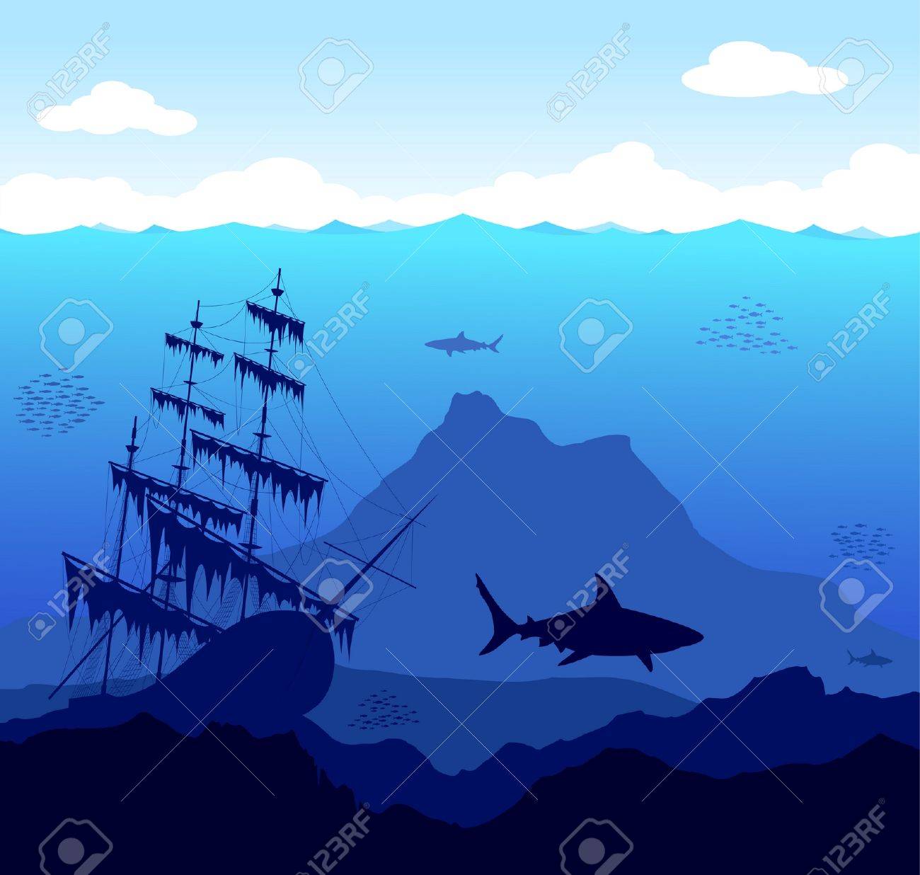 サメと古い船でかつ美しく危険な水中の世界 のイラスト素材 ベクタ Image 5865022