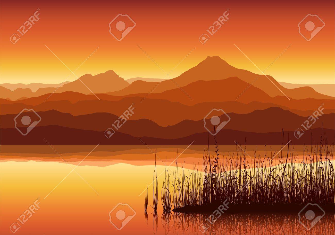 草で湖の近くの巨大な山の夕焼け のイラスト素材 ベクタ Image 草で湖の近くの巨大な山の夕焼け のイラスト素材 ベクタ Image