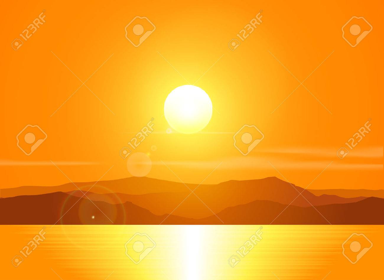 Landscape with sunset at the seashore over mountain range. Vector illustration. - 39250275 Landscape with sunset at the seashore over mountain range. Vector illustration. - 39250275