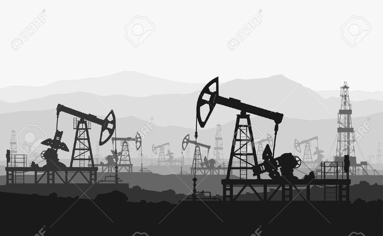 Oil pumps at large oilfield over mountain range. Detail vector illustration. - 41364169 Oil pumps at large oilfield over mountain range. Detail vector illustration. - 41364169