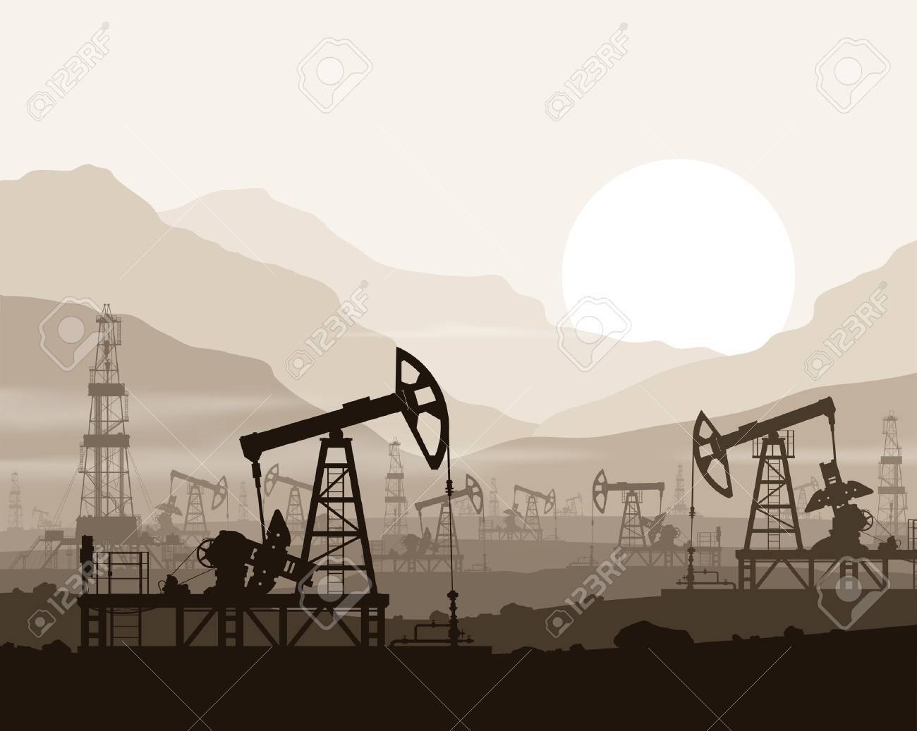 Oil pumps and rigs at large oilfield over sunset in huge mountains. Detail vector illustration. - 42268617 Oil pumps and rigs at large oilfield over sunset in huge mountains. Detail vector illustration. - 42268617