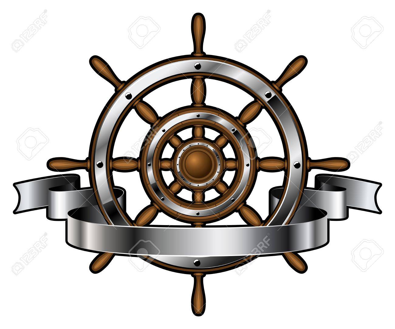 Ship wooden and steel steering wheel corporate emblem with banner isolated on white background. Navigation symbol. Vector illustration. - 52416655 Ship wooden and steel steering wheel corporate emblem with banner isolated on white background. Navigation symbol. Vector illustration. - 52416655