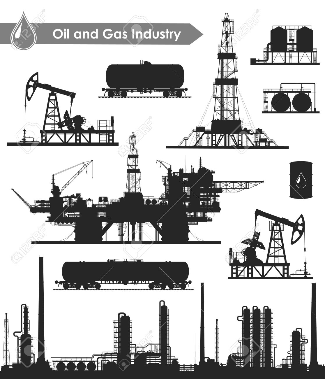 Set of oil and gas industry silhouettes. Oil refinery, offshore sea oil drilling rig, land oil drilling rig, oil pumpjack, barrel and railroad oil tank. Vector illustration. - 67482810 Set of oil and gas industry silhouettes. Oil refinery, offshore sea oil drilling rig, land oil drilling rig, oil pumpjack, barrel and railroad oil tank. Vector illustration. - 67482810