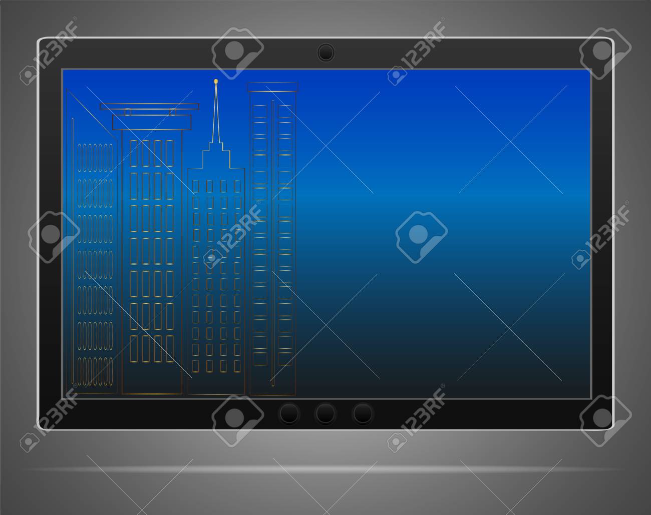 Ordinateur Tablette Réaliste Vecteur Avec Image Décran Bleu Sur Un Fond Gris