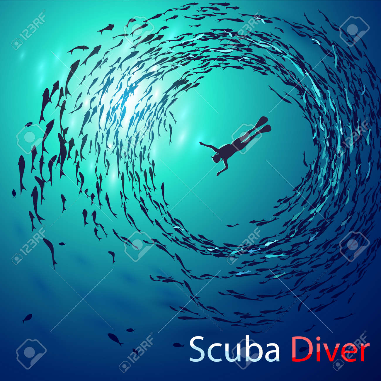 Creative illustration on the theme of diving. Image diver under water is surrounded shoals of fish (bottom view). With inscription: Scuba Diver - 61407669 Creative illustration on the theme of diving. Image diver under water is surrounded shoals of fish (bottom view). With inscription: Scuba Diver - 61407669