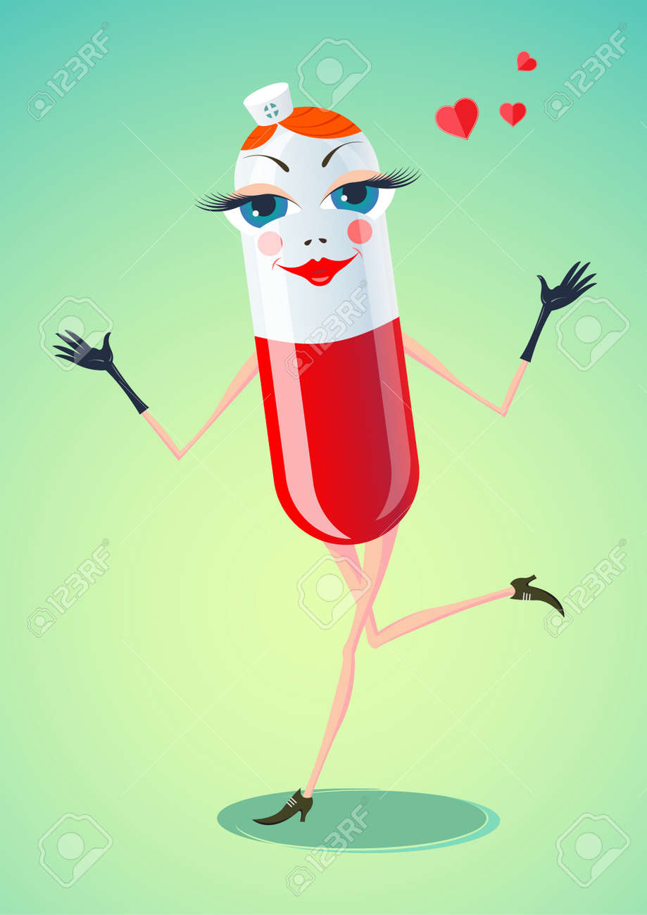 面白い薬の漫画のキャラクターのイメージと創造的なベクトル イラスト カプセルを楽しさと陽気な看護婦の心を表わしの形で提供されます のイラスト素材 ベクタ Image