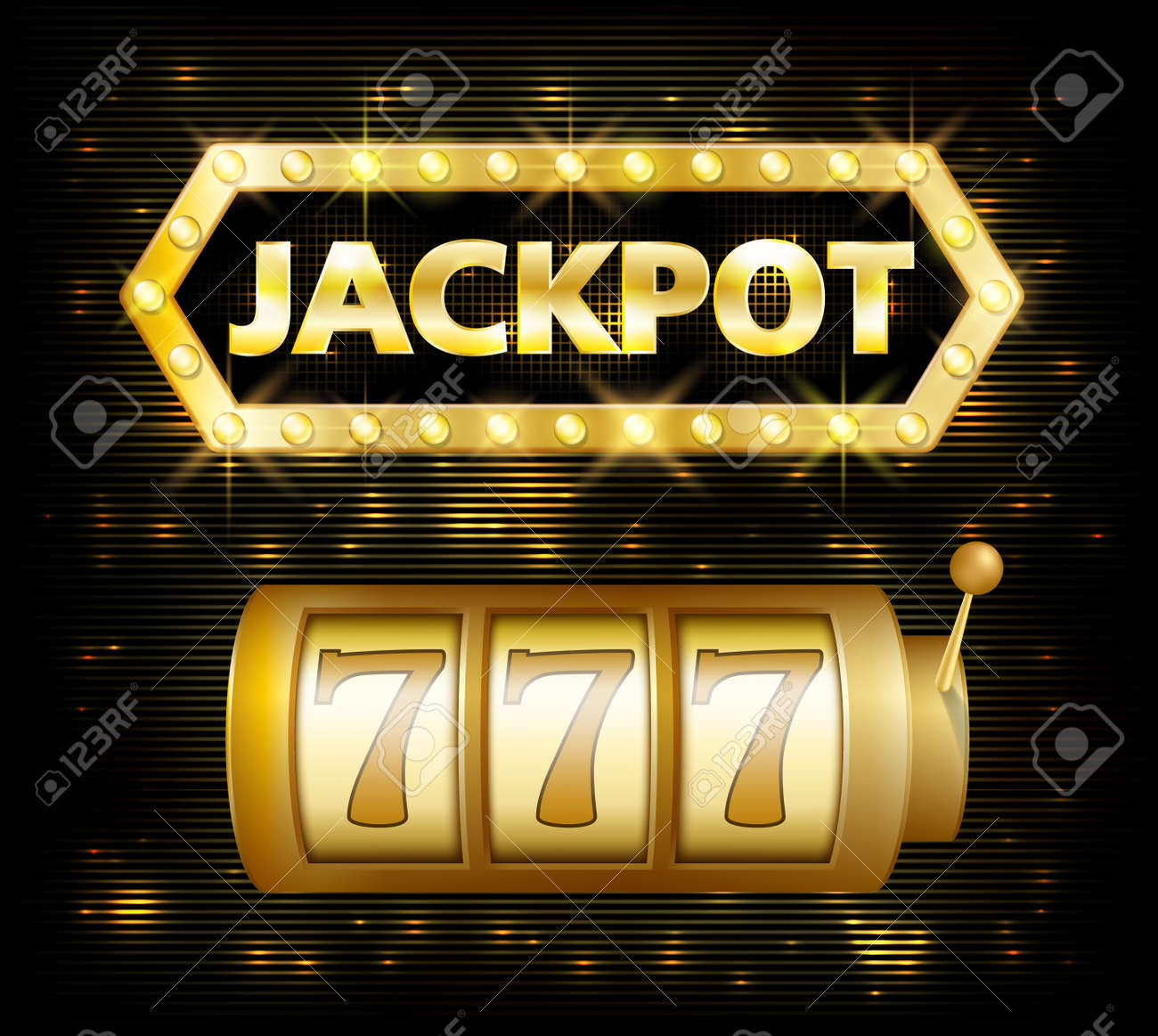 ジャック ポットのカジノ ・ ロト ラベル背景標識です。カジノ ジャック ポット 777  は、白で隔離記号を輝く本文勝者をギャンブルします。ベクトル図のイラスト素材・ベクター Image 83873181