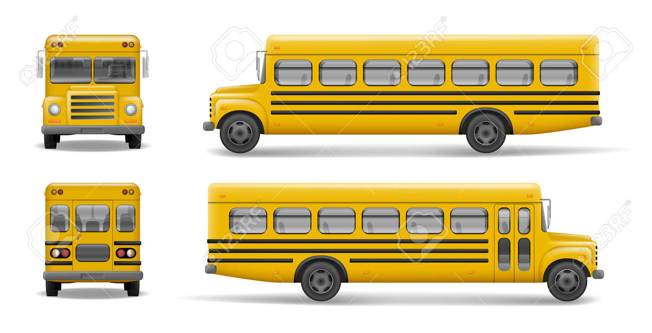 yellow school bus front back and side view transportation and