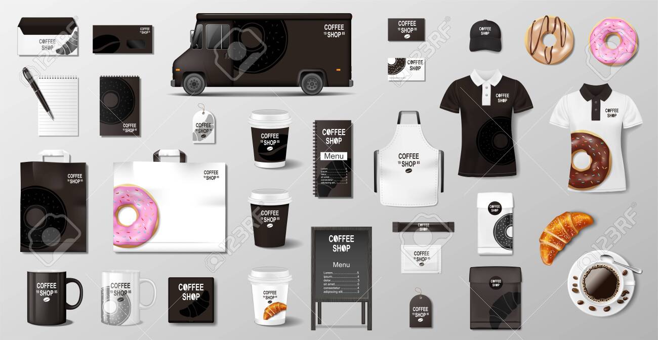 Realistic mockup for Bakery shop, Restaurant, Cafe. Corporate style Bakery food package mockup. Set of cup, pack, uniform, shirt, donut, croissant, paper bag - 146963974 Realistic mockup for Bakery shop, Restaurant, Cafe. Corporate style Bakery food package mockup. Set of cup, pack, uniform, shirt, donut, croissant, paper bag - 146963974
