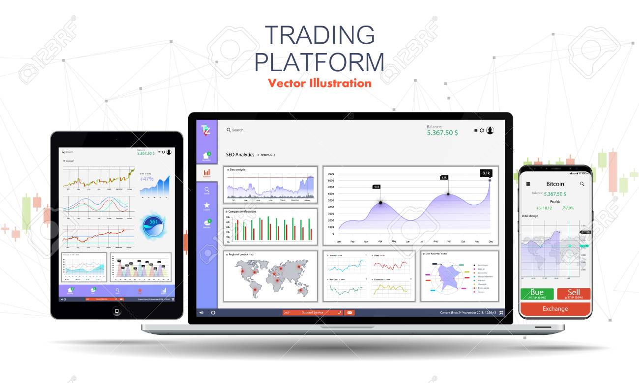 전화 화면, 노트북 및 태블릿에서 거래 교환 앱. 거래 플랫폼 웹사이트 템플릿입니다. 바이너리 옵션. 모바일 뱅킹 암호 화폐 Ui.  온라인 주식 거래 인터페이스 벡터. 대시보드 UIUX 앱 로열티 무료 사진, 그림, 이미지