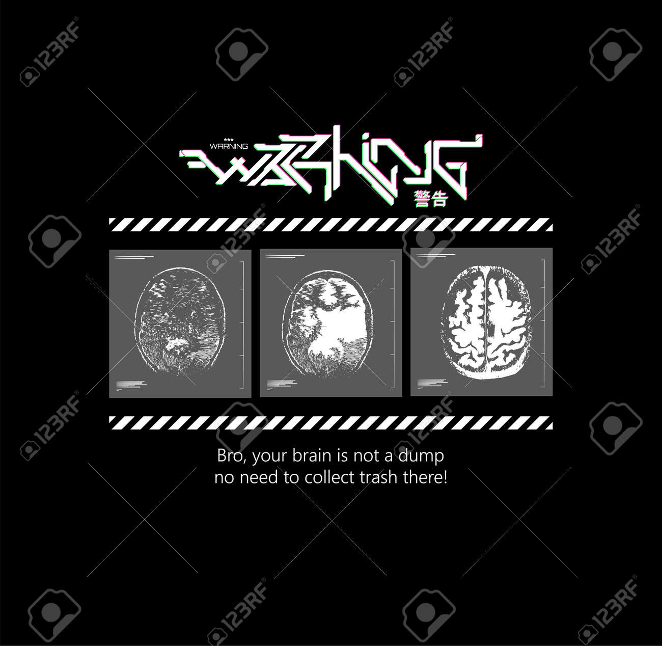 Slogan print t-shirt and merch. The concept of not cluttering your mind. Also suitable for conceptual invitation, poster, art illustration. Warning futuristic graffiti and mri brain. Cyberpunk art - 169523047 Slogan print t-shirt and merch. The concept of not cluttering your mind. Also suitable for conceptual invitation, poster, art illustration. Warning futuristic graffiti and mri brain. Cyberpunk art - 169523047